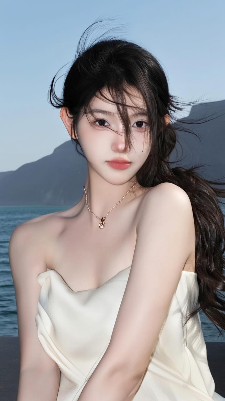 海边少女，微风拂面，优雅动人。