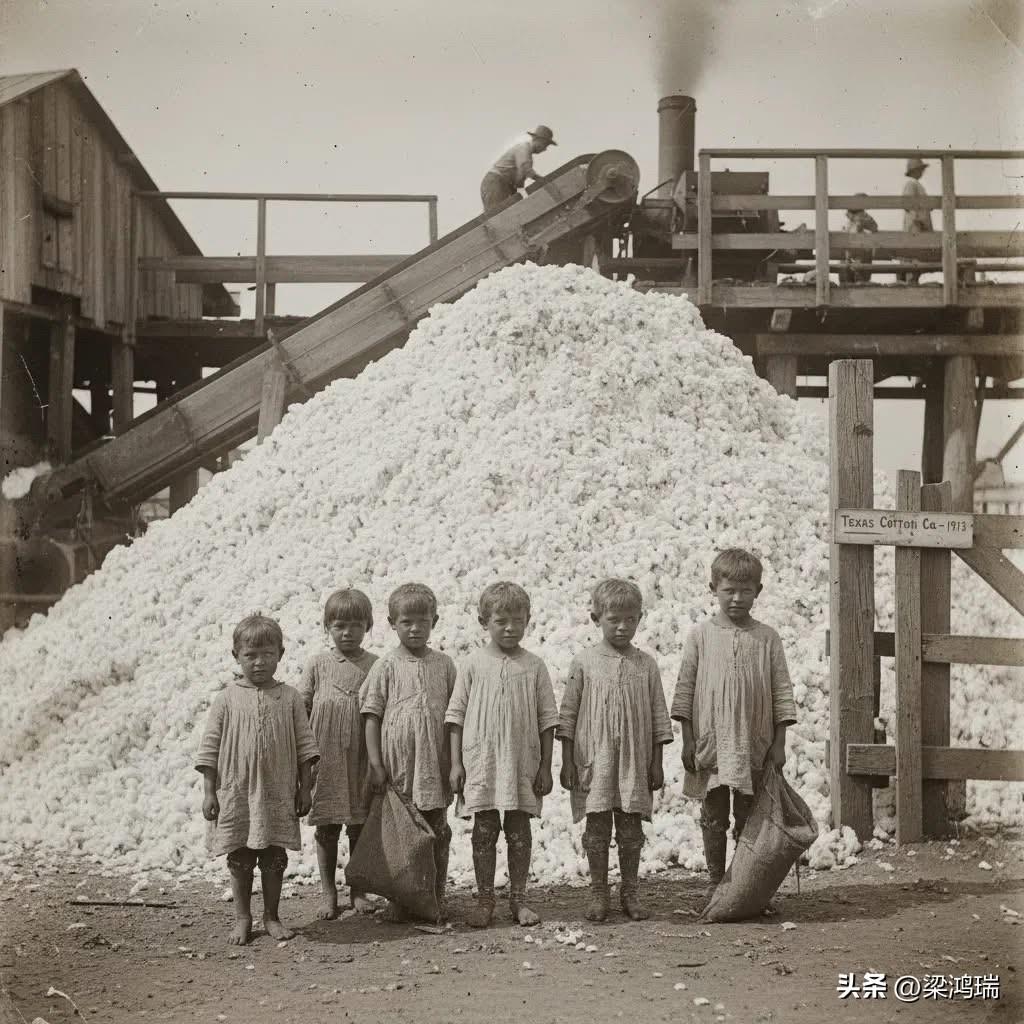 田间艰苦劳作的最终目的地是轧棉厂，在那里，未经加工的棉花被加工成棉包。这张照片拍