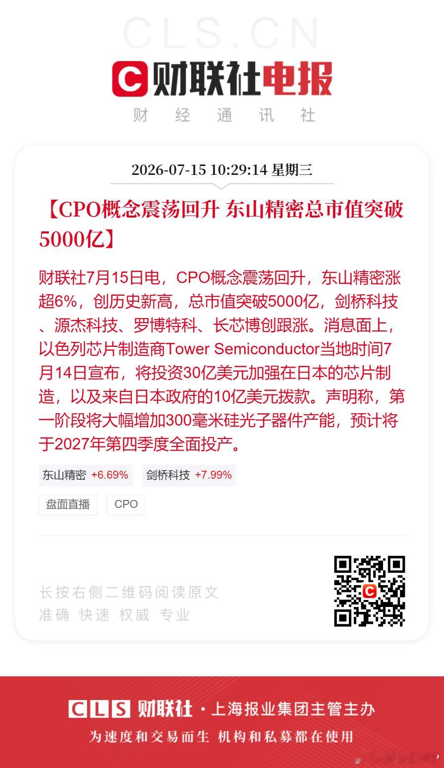 【CPO概念震荡回升 东山精密总市值突破5000亿】财联社7月15日电，CPO概
