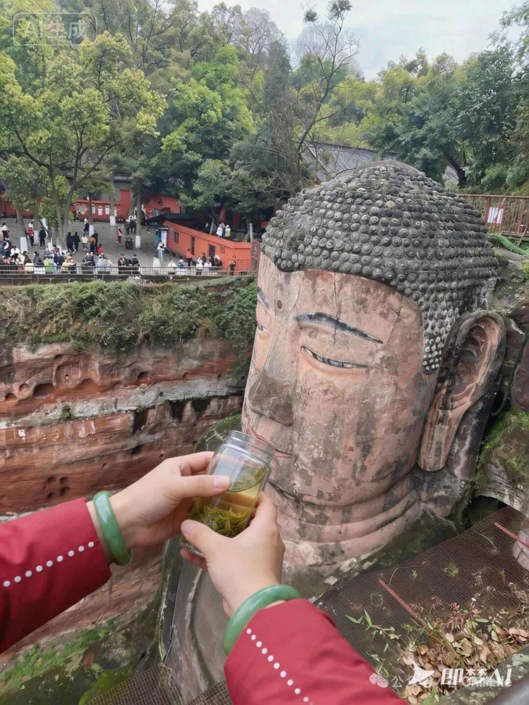 乐山大佛紧跟时代步伐抽烟电话，喝AD钙，网友这些互动封神