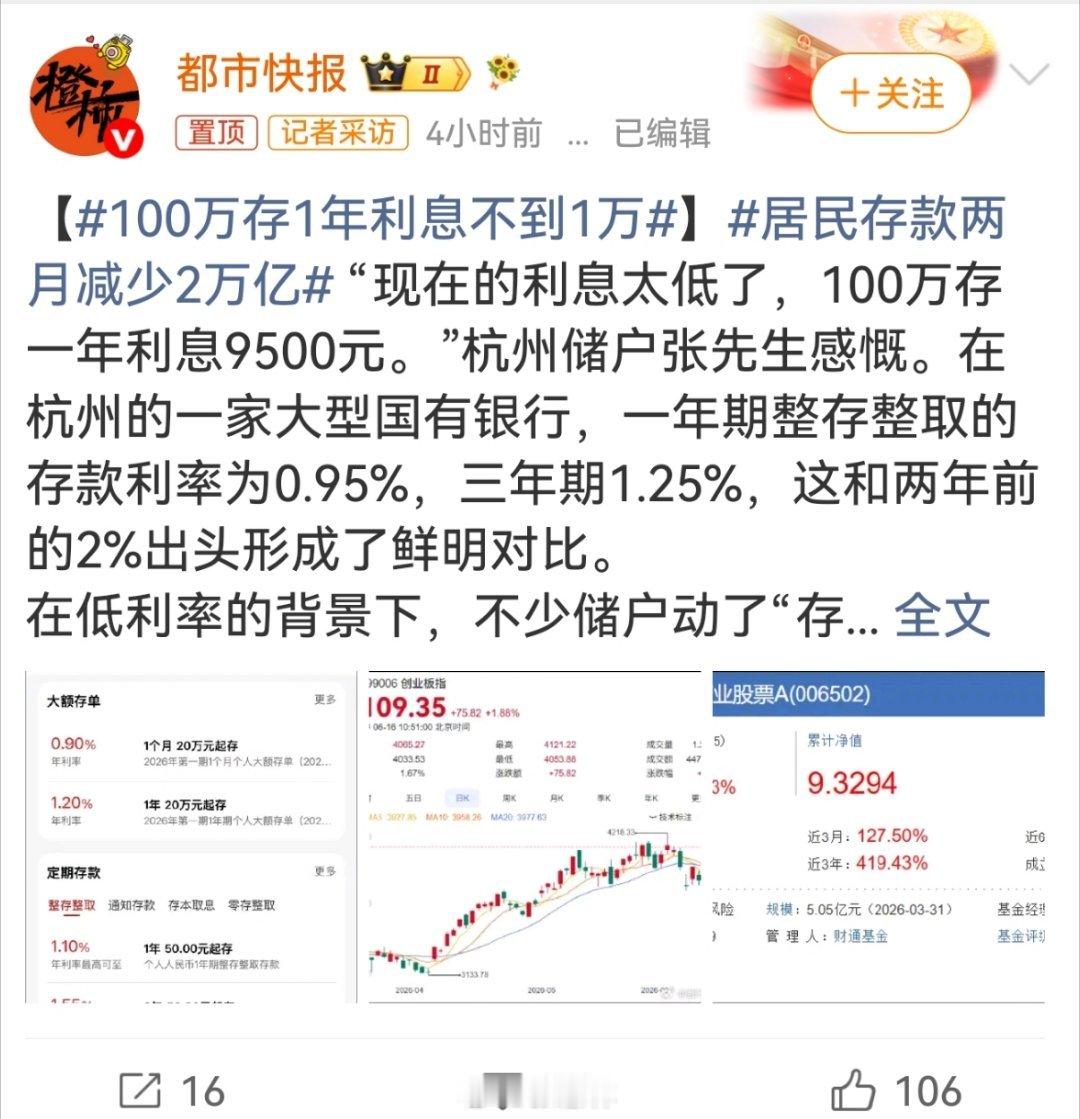 100万存1年利息不到1万虽然银行存款利率越来越低，算上物价上涨因素，几乎没有利