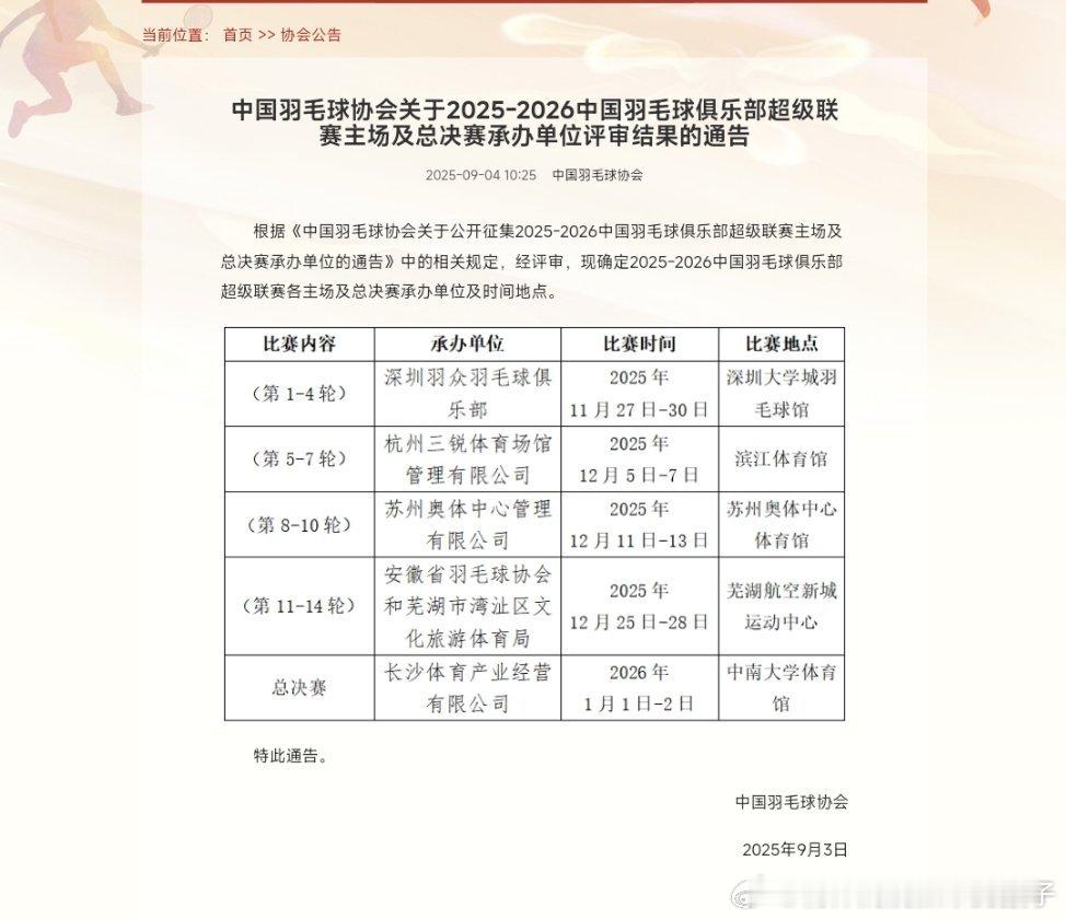 2025-2026中国羽毛球俱乐部超级联赛赛程安排：11月27-30日（第1-4