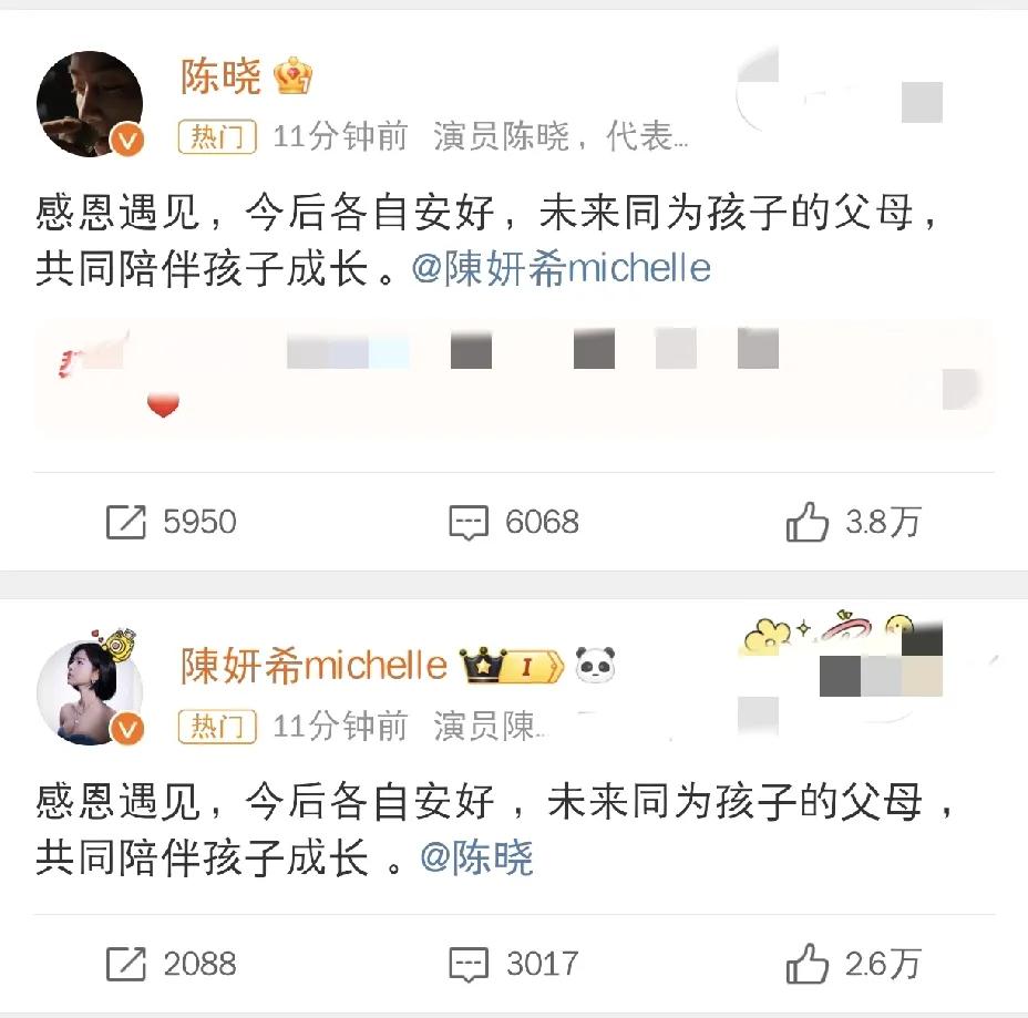 陈晓陈妍希，共同发文官宣！

2025年2月18日下午一点，陈晓和陈妍希这对夫妻