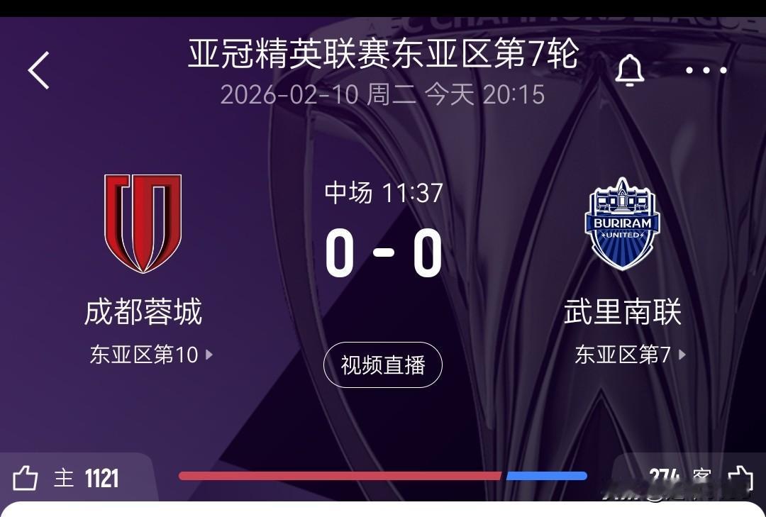 亚冠精英赛东亚区第7轮上半场成都0-0武里南联。

2月10日，2025-26亚