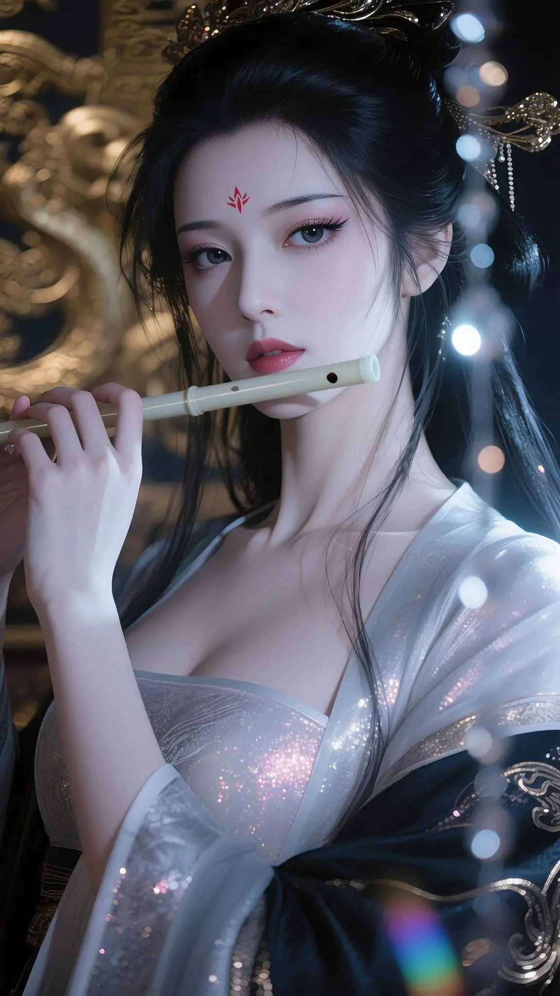 ai虚拟人物美女吹笛，舞扇，跳舞。