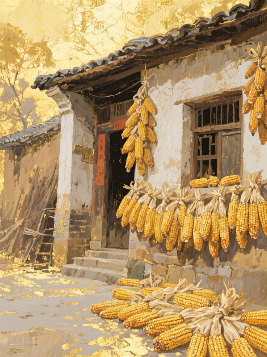 AI妙生图旧屋檐下，玉米金黄。那一串串饱满，似在诉说岁月沉淀的收获与希望