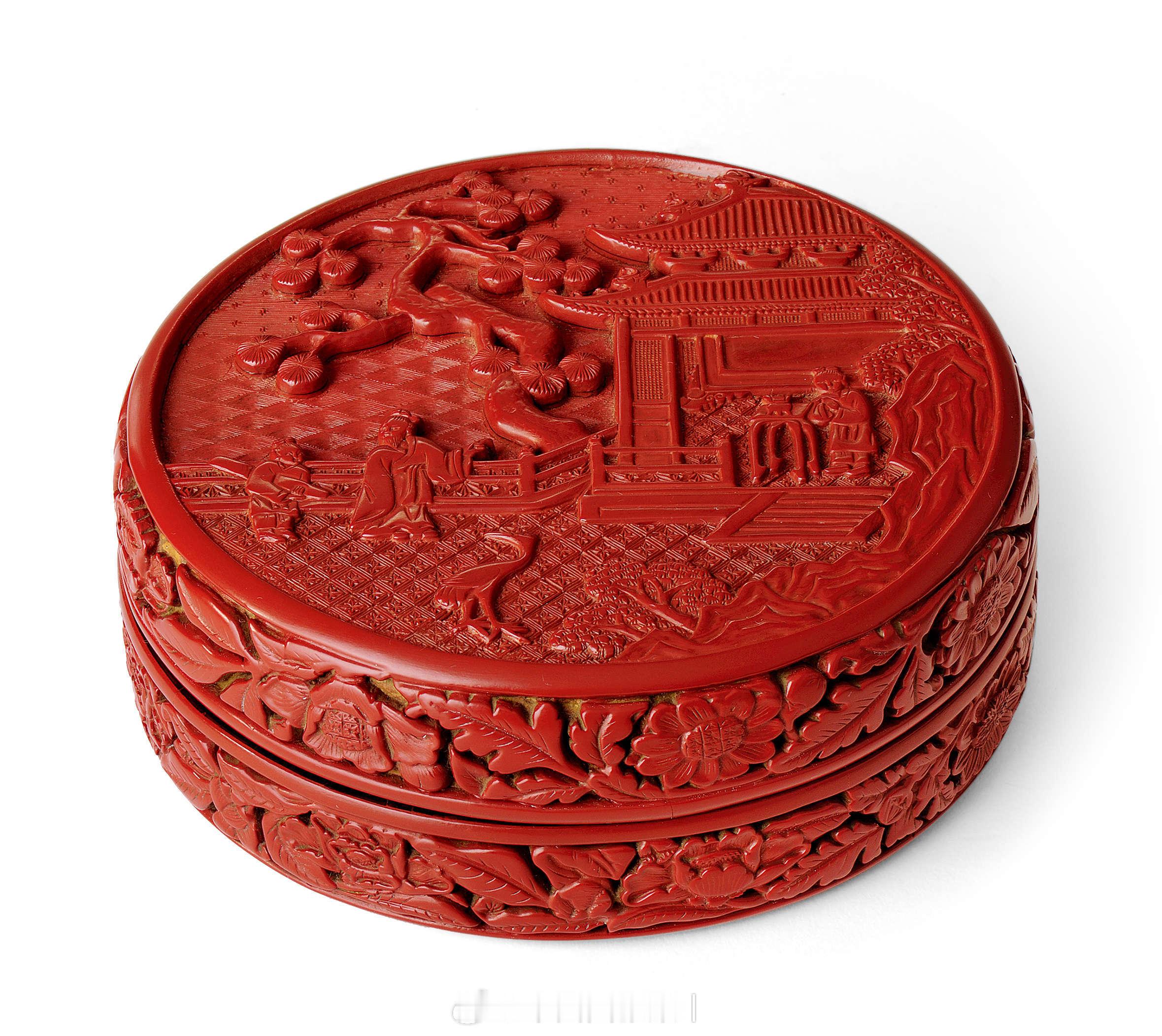 髹饰录 | 明永乐 剔红携琴访友图圆盖盒明朝漆工艺兴盛，尤以明初永乐、宣德两朝为