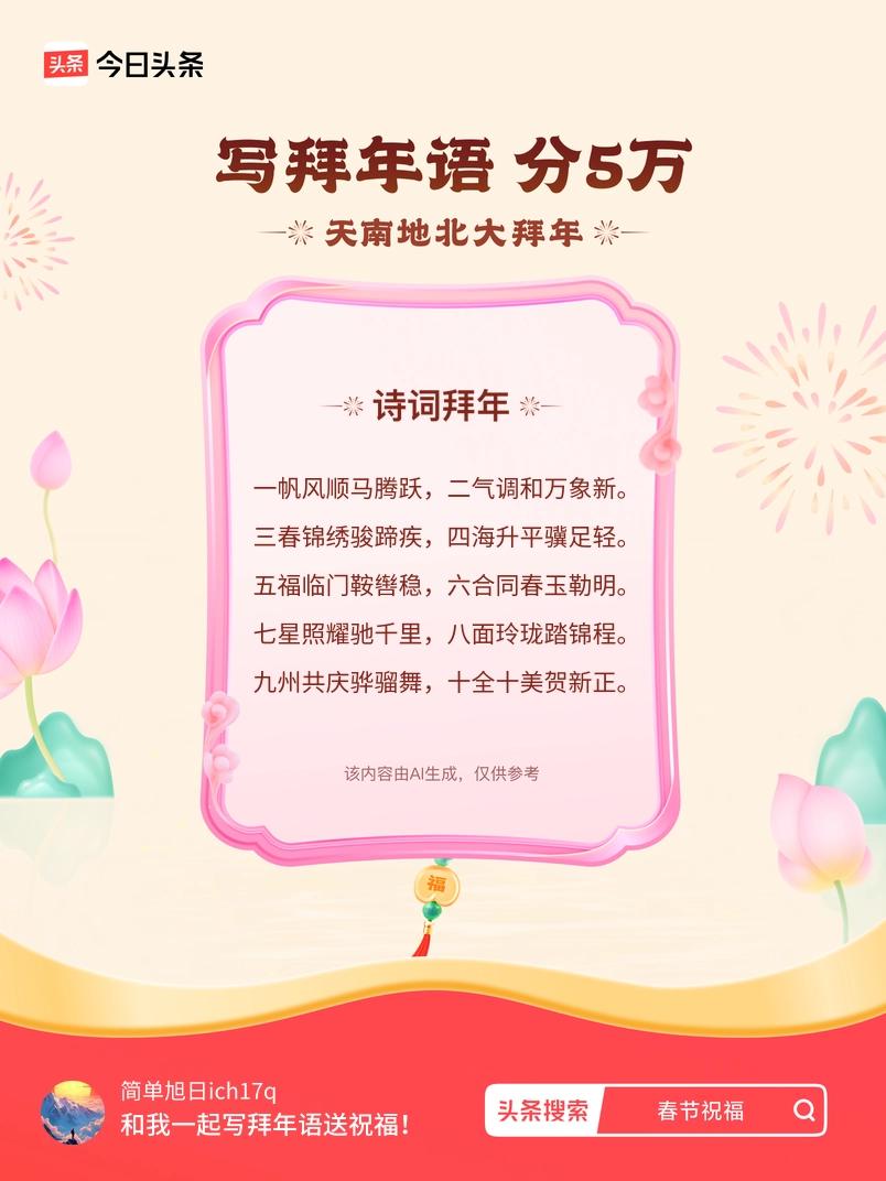 三春锦绣骏蹄疾，四海升平骥足轻。 五福临门鞍辔稳，六合同春玉勒明。 七星照耀驰千