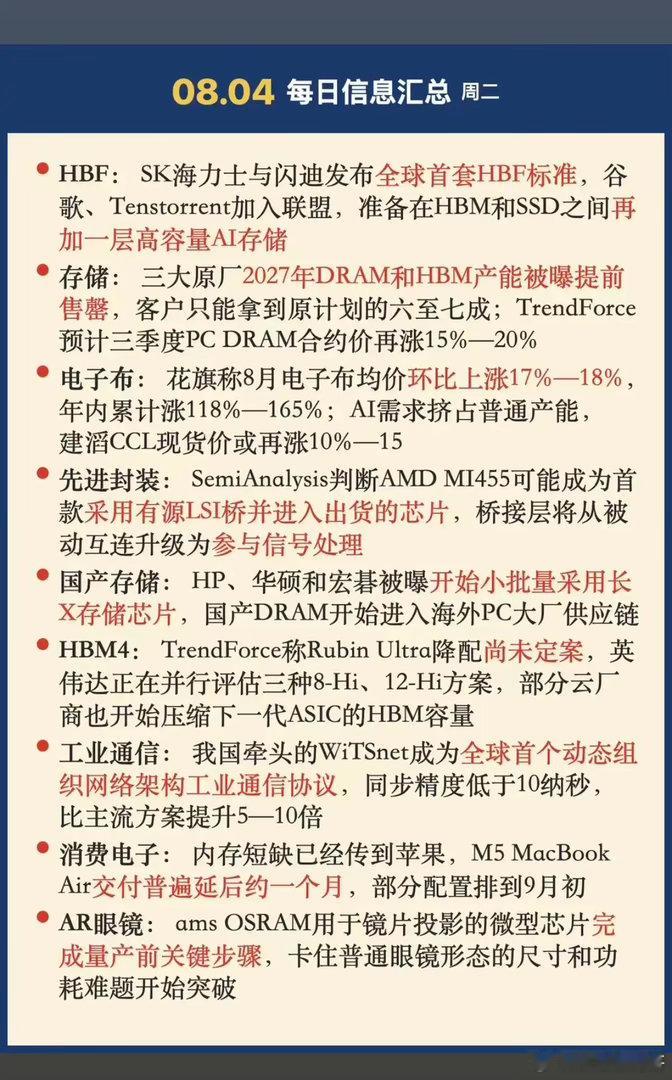 8.4周二  晚间：财经热点信息整理！1.高容量AI存储2.电子布3.先进封装4
