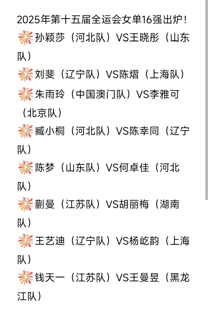 全运会乒乓球女单16强出炉！
第十五届全运会乒乓球女单16强对阵情况如图所示。