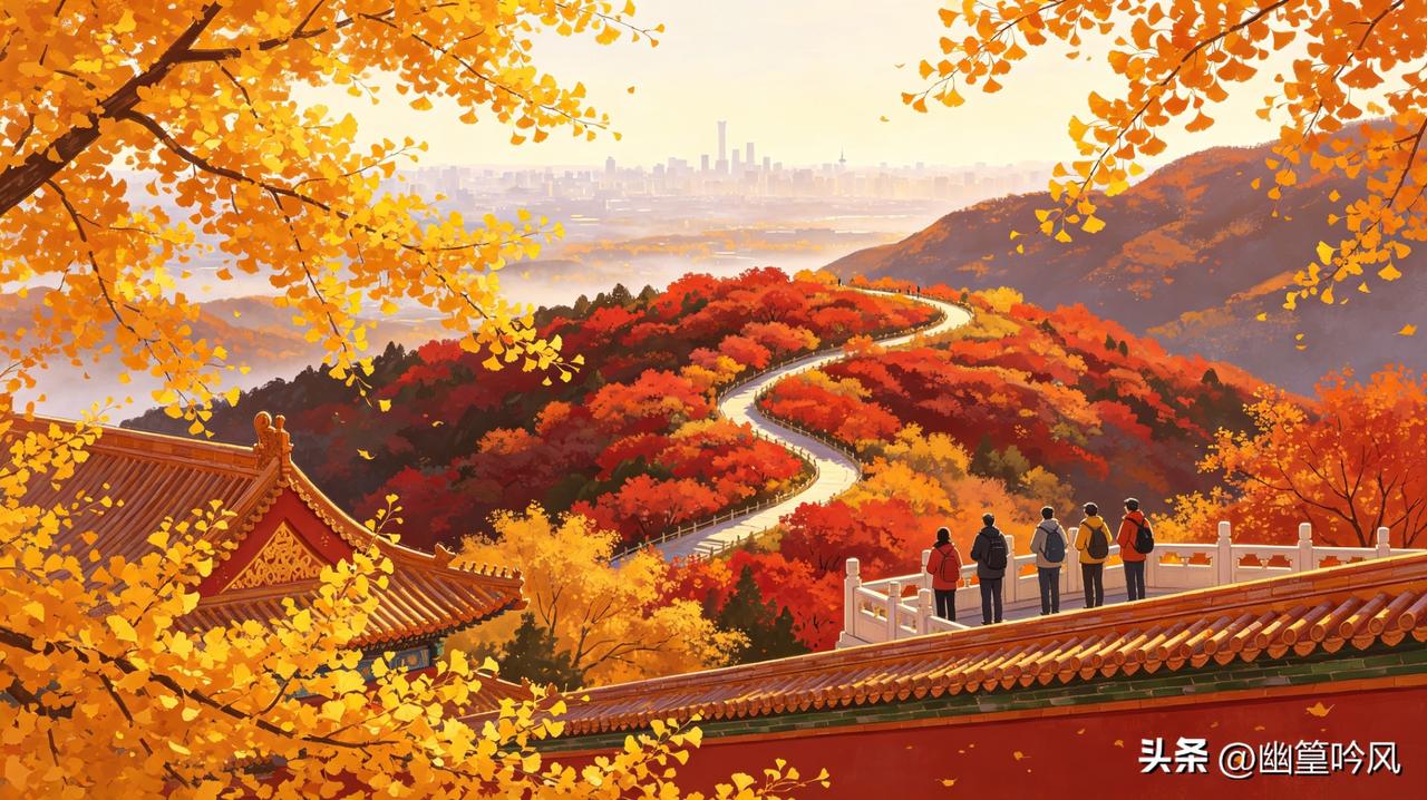 地坛公园是京城秋日温柔的代名词，深秋的银杏大道满目鎏金，复古红墙衬着漫天黄叶，风