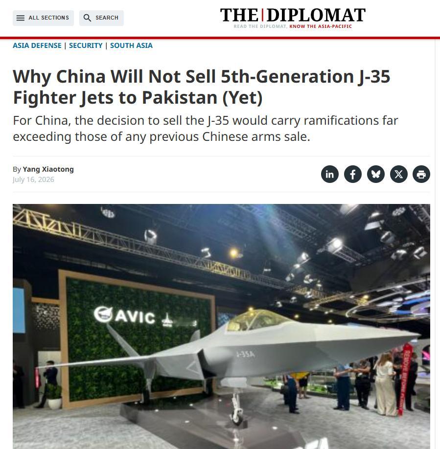 中国不会很快向巴基斯坦出售歼-35（J-35）五代机的理由如下： 不愿打破南亚地