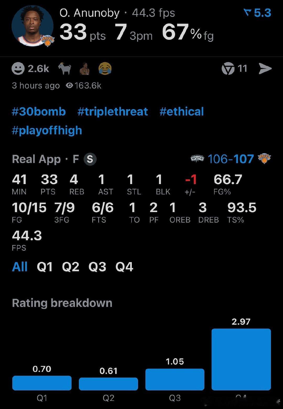 OG阿奴诺比主宰一切！最后时刻天外飞仙补篮绝杀马刺！本场比赛15投10中，三分9