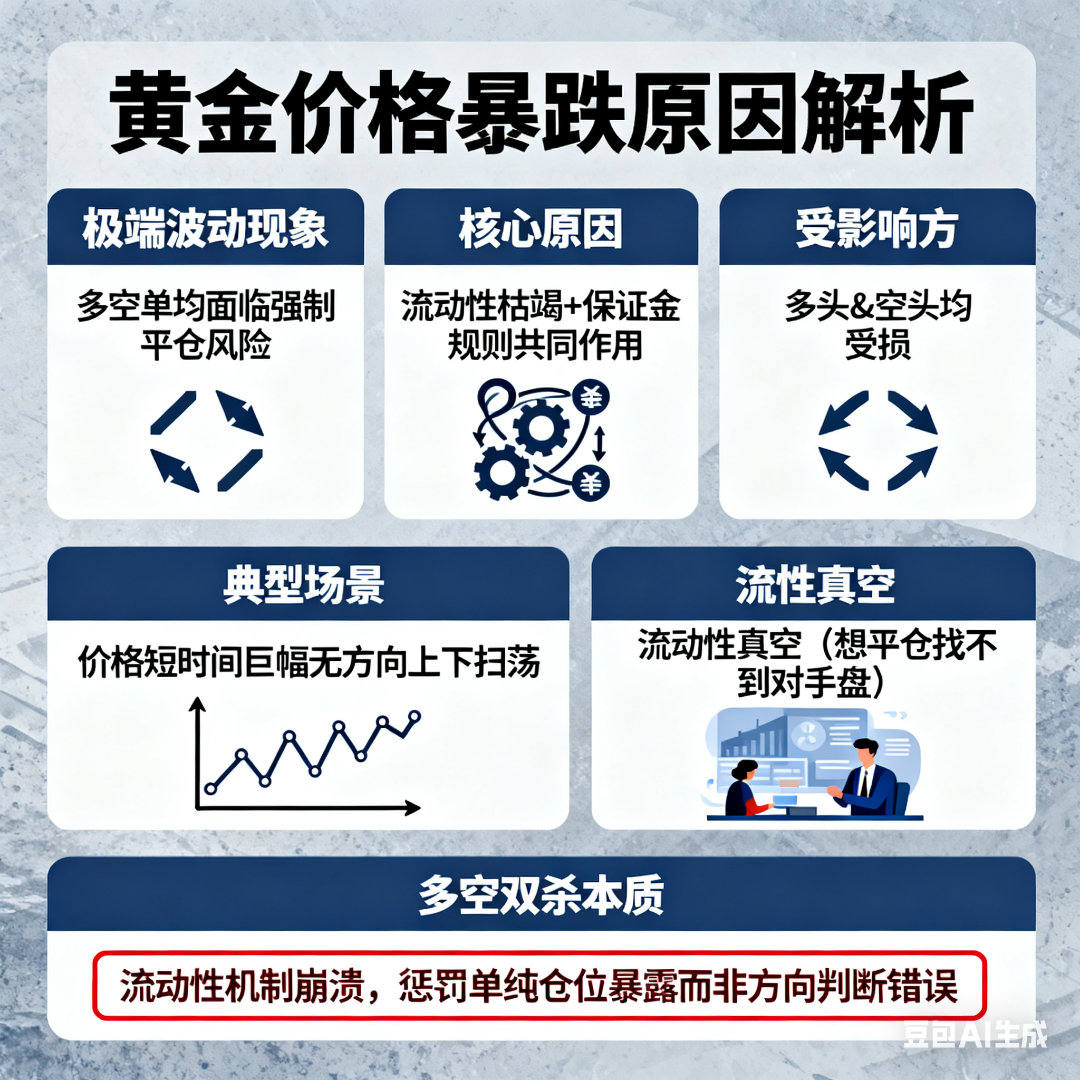 黄金价格暴跌原因这是在极端、无序的波动中，无论持有多单还是空单都可能面临强制平仓