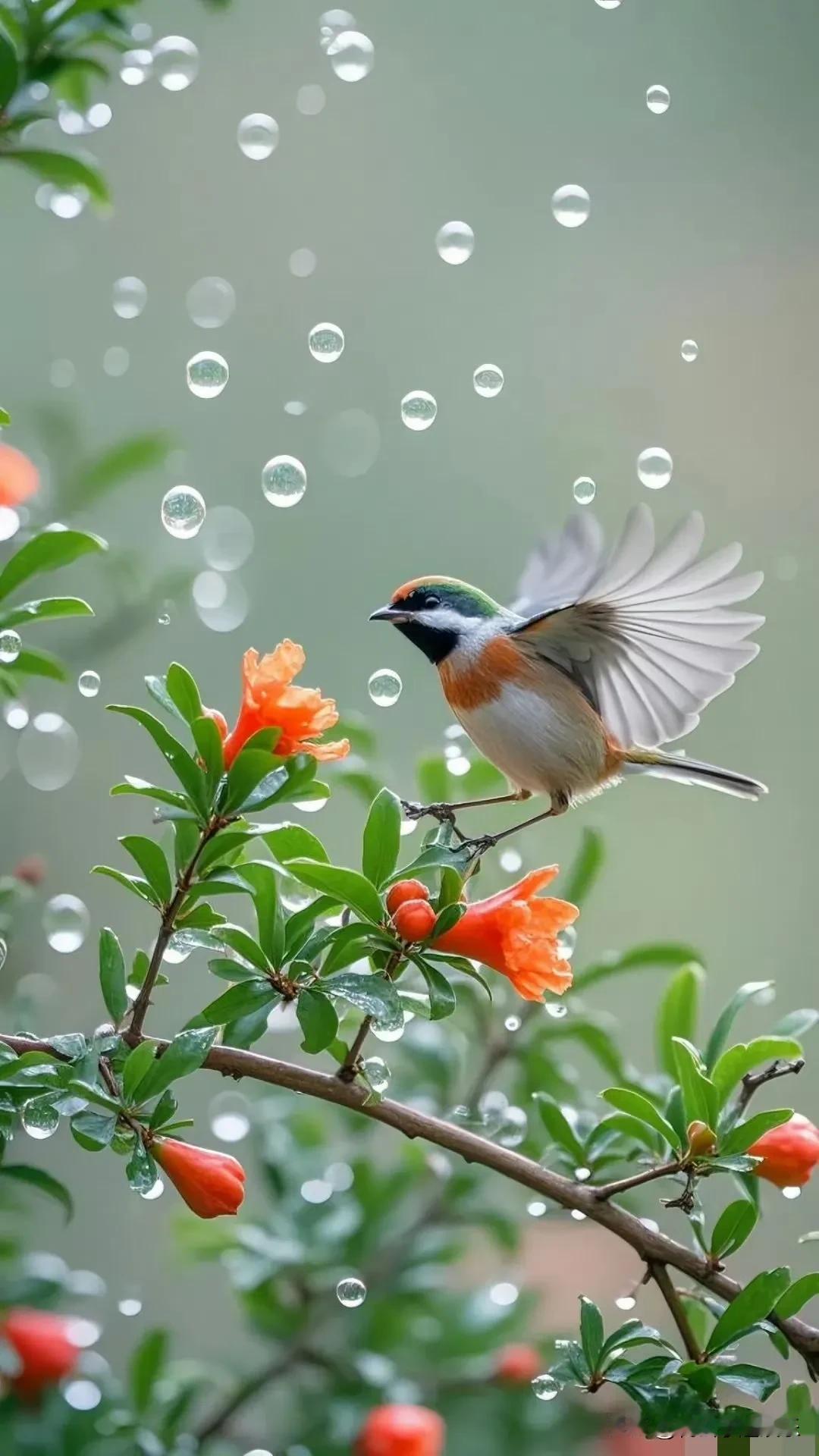春雨如珠，洒落枝头。石榴花艳，喜鹊振翅。 

这灵动一刻，似是好运来报，愿你双喜