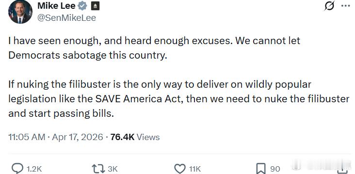 参议员迈克·李：我已经看够了，也听够了各种借口。我们不能让民左党破坏这个国家。如