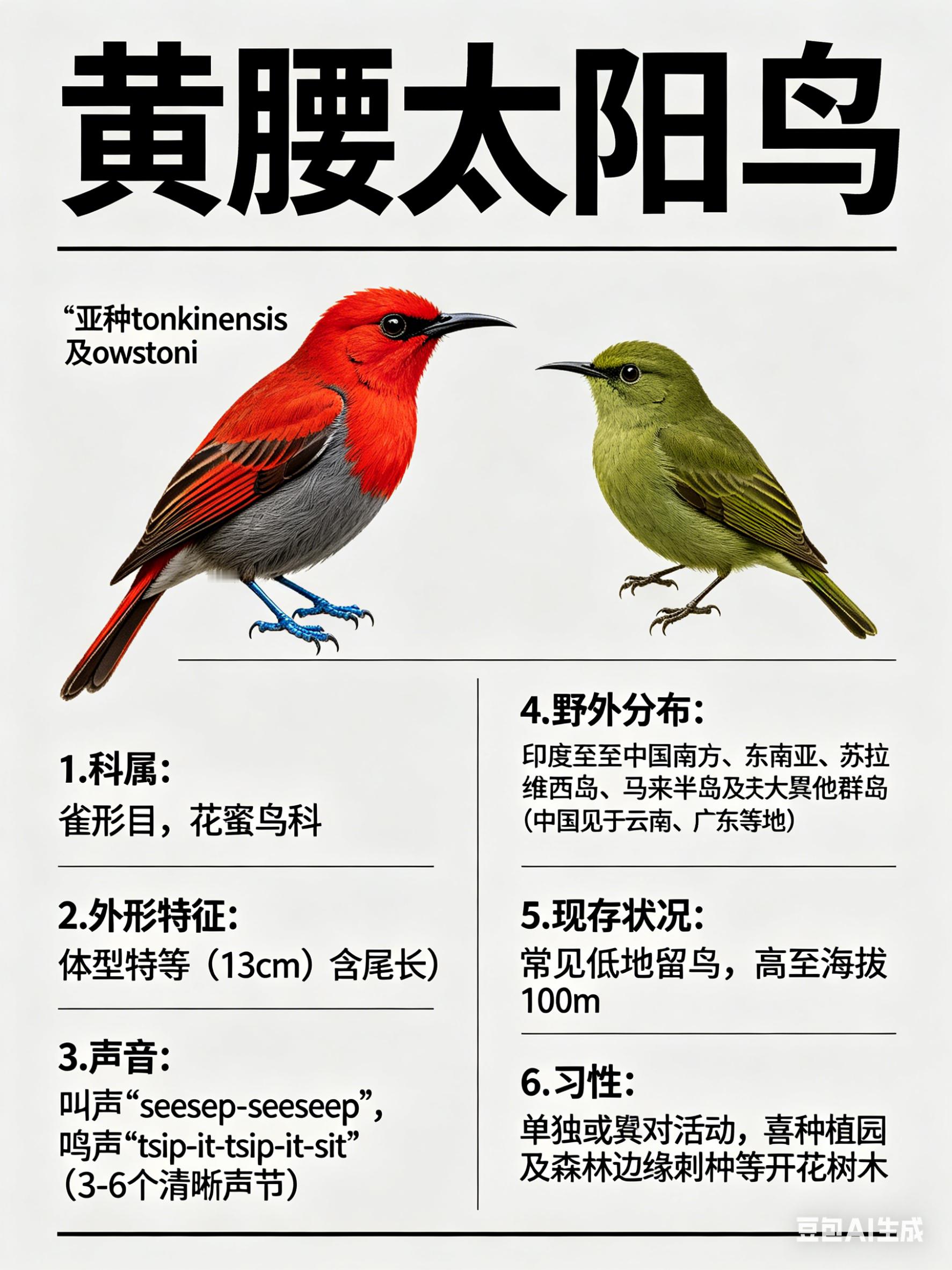 鸟类朋友图鉴 黄腰太阳鸟·科属：雀形目，花蜜鸟科。·外形特征：体型中等（13cm