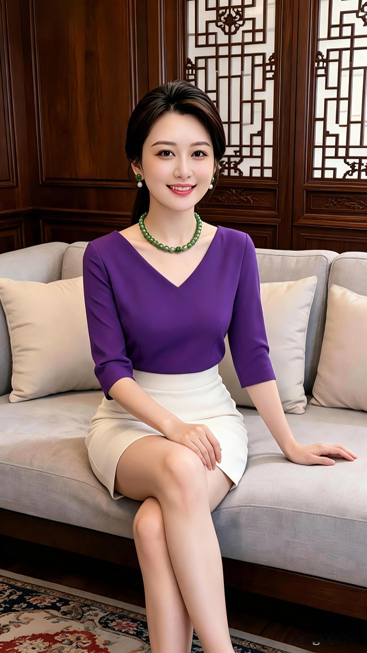 今天给大家介绍我比较喜欢的一套气质穿搭。紫色V领中袖上衣搭配白色半身短裙，配色高