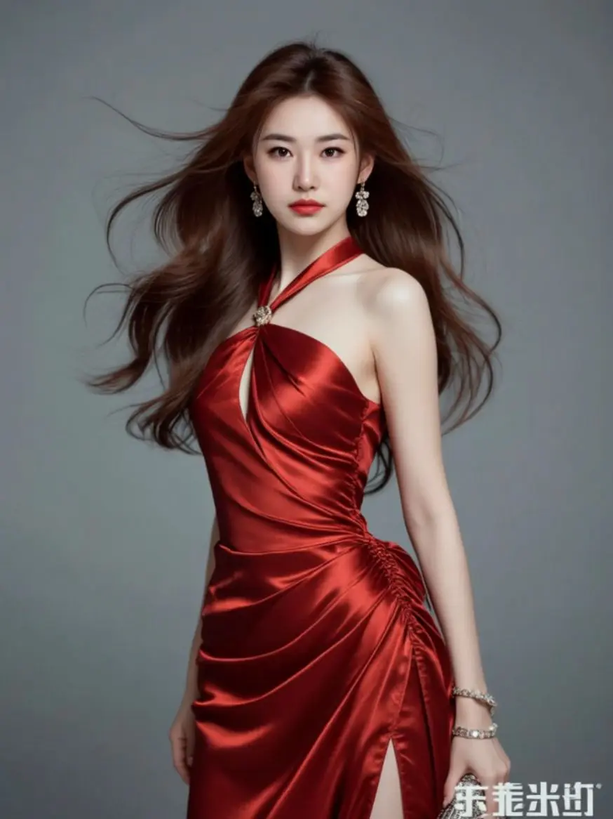 AI红裙飘发写真 ai创作
