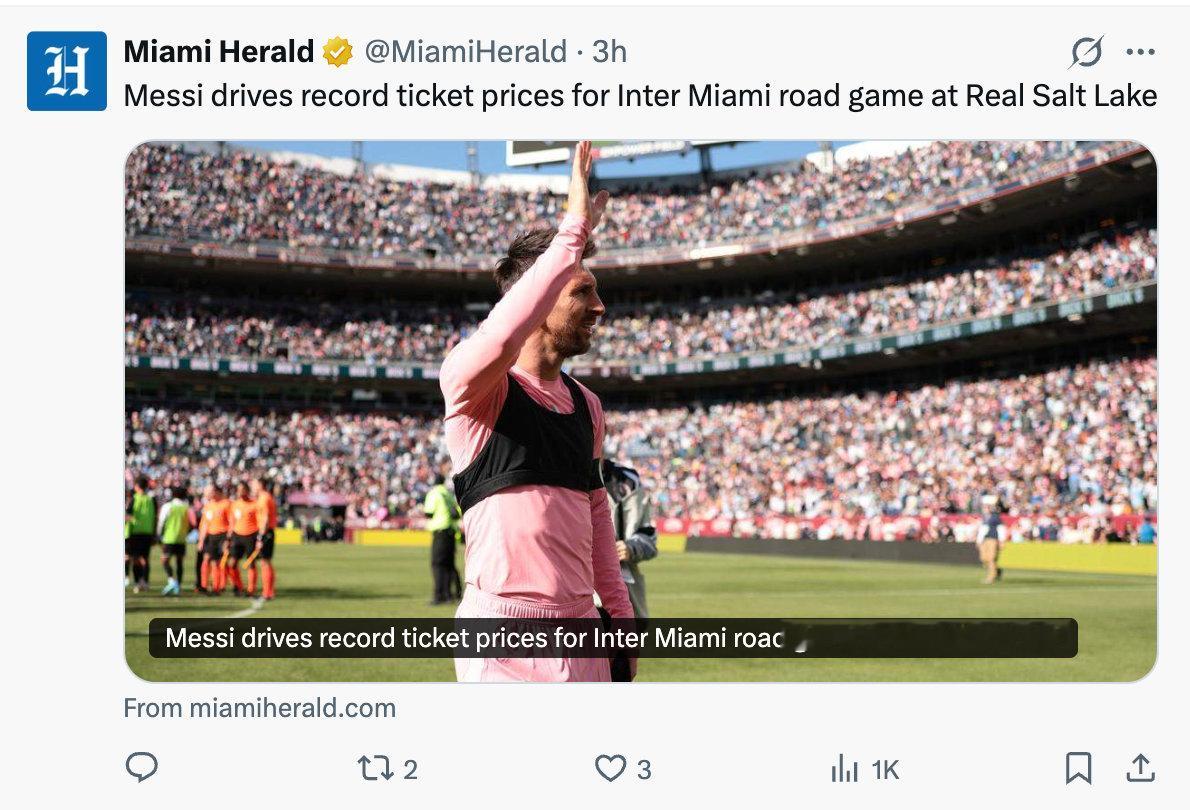 【球王影响力🐐🥶】《迈阿密先锋报》：梅西推高了迈阿密国际客场对阵皇家盐湖城比