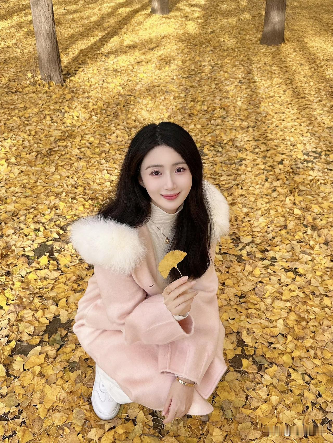 满地金黄色的银杏落叶完美展现了秋天浓郁且五彩斑斓的美。而落叶中的赵昕和这美丽的秋