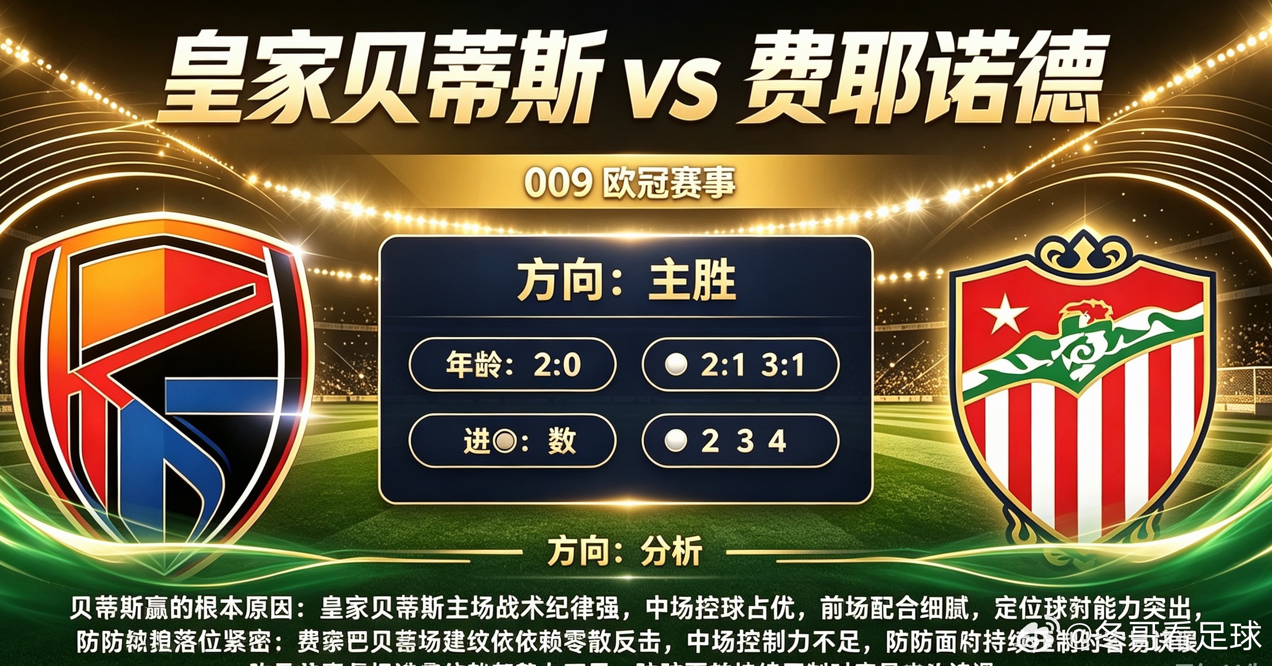 皇家贝蒂斯 vs 费耶诺德009欧冠方向：主胜年龄：2:0 2:1 3:1进⚽数