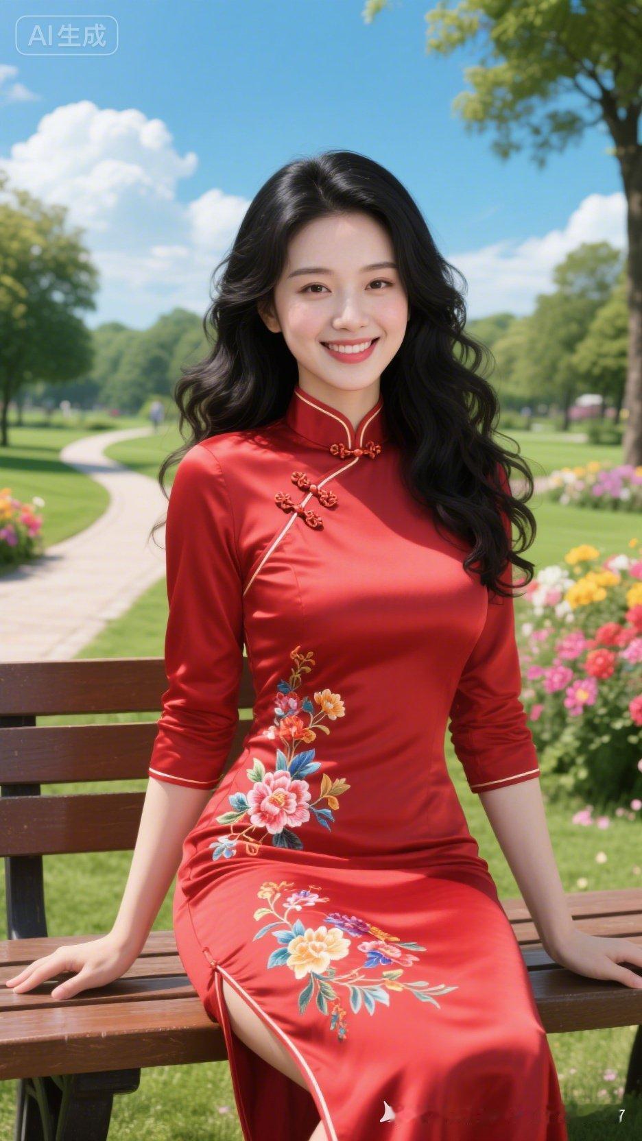 惊艳的旗袍，优雅的气质，公园里的美丽瞬间。
