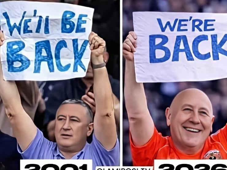 25年前考文垂从英超降级时这位球迷在现场举个“我们会回来的”牌子
今年考文垂总算