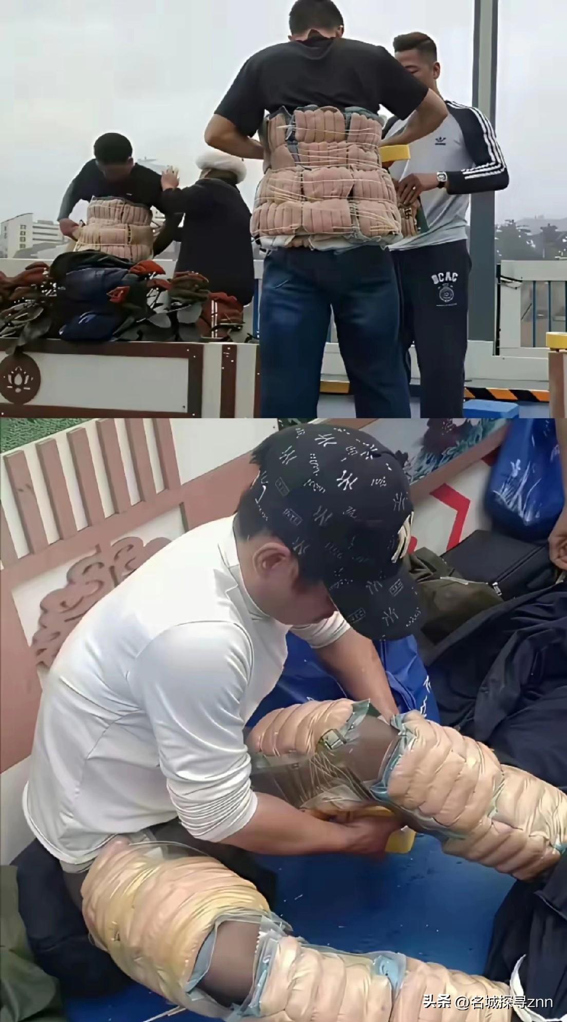 厉害了！越南人全副武装，把中国烤肠一包包全绑在腰腹、大腿上，胶带密不透风缠满全身