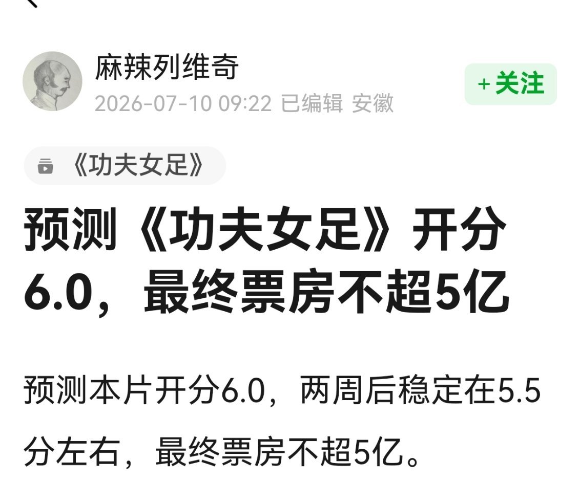 功夫女足票房预测30亿笑死了，想起之前别人的预测。。。这下狠狠打脸了