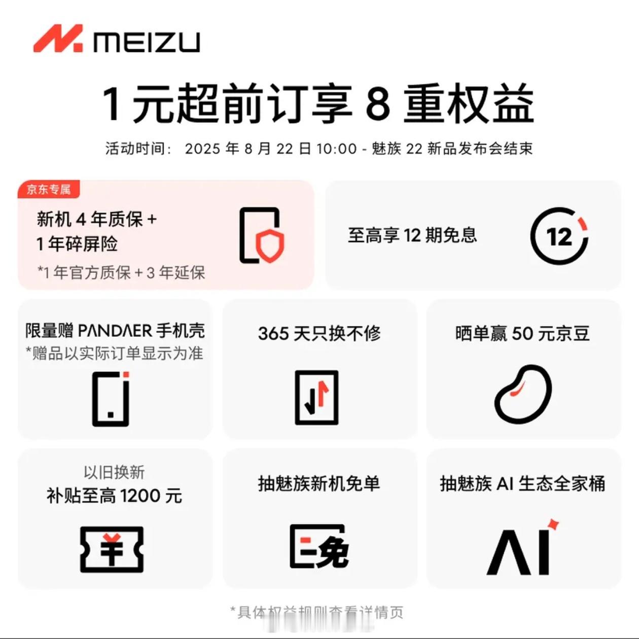 魅族 22 再次跳票后，目前在 jd 的 1 元预约福利加码，赠送一年碎屏险 +