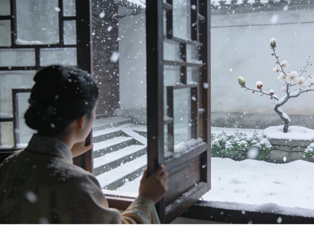 七绝·今晨飘雪
推窗忽讶雪飘来，覆了阶前旧绿苔。
莫叹寒深春信远，梅梢已孕暗香胎