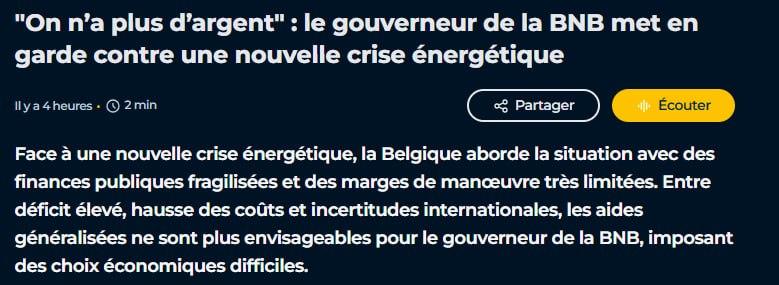 比利时央行行长直接喊话：我们没钱了！
 
面对新一轮能源危机，比利时财政彻底见底