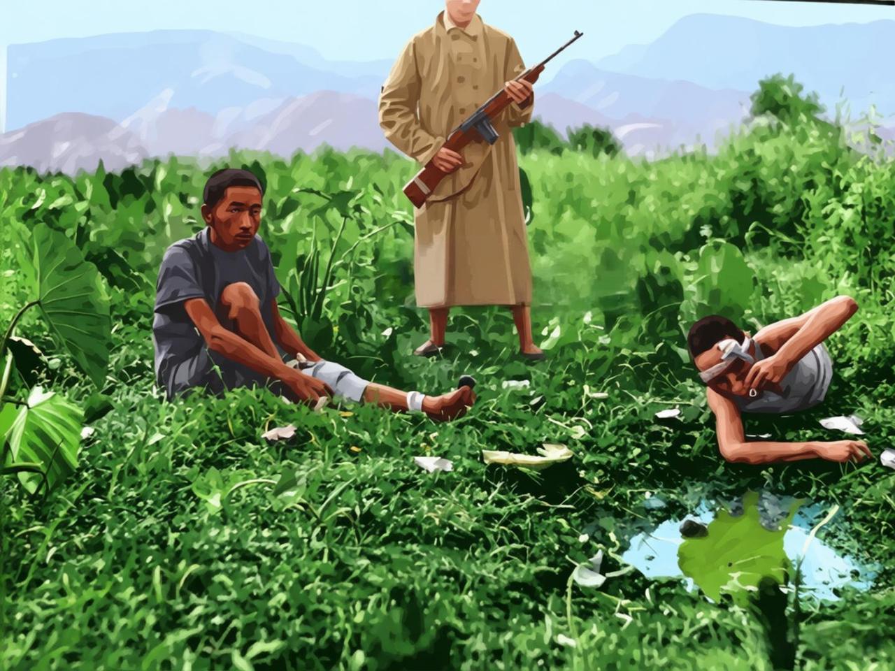 1944年，滇西反攻战中松山，战役结束后两名日军战俘深陷在荒草丛生的泥泞野地中，