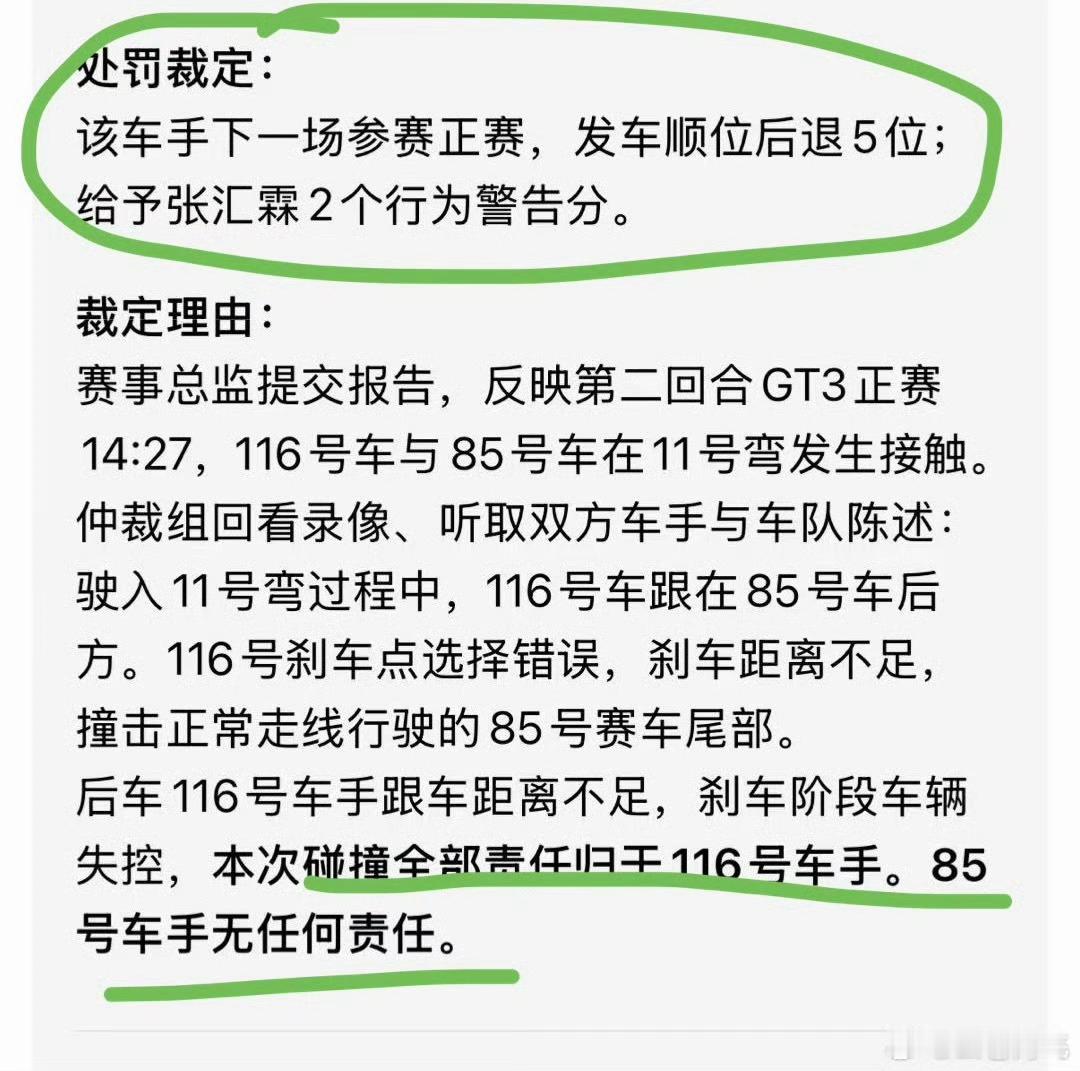 调查结果:85车组无责，116车组全责。下一场比赛116车组罚退五个车位，车手本