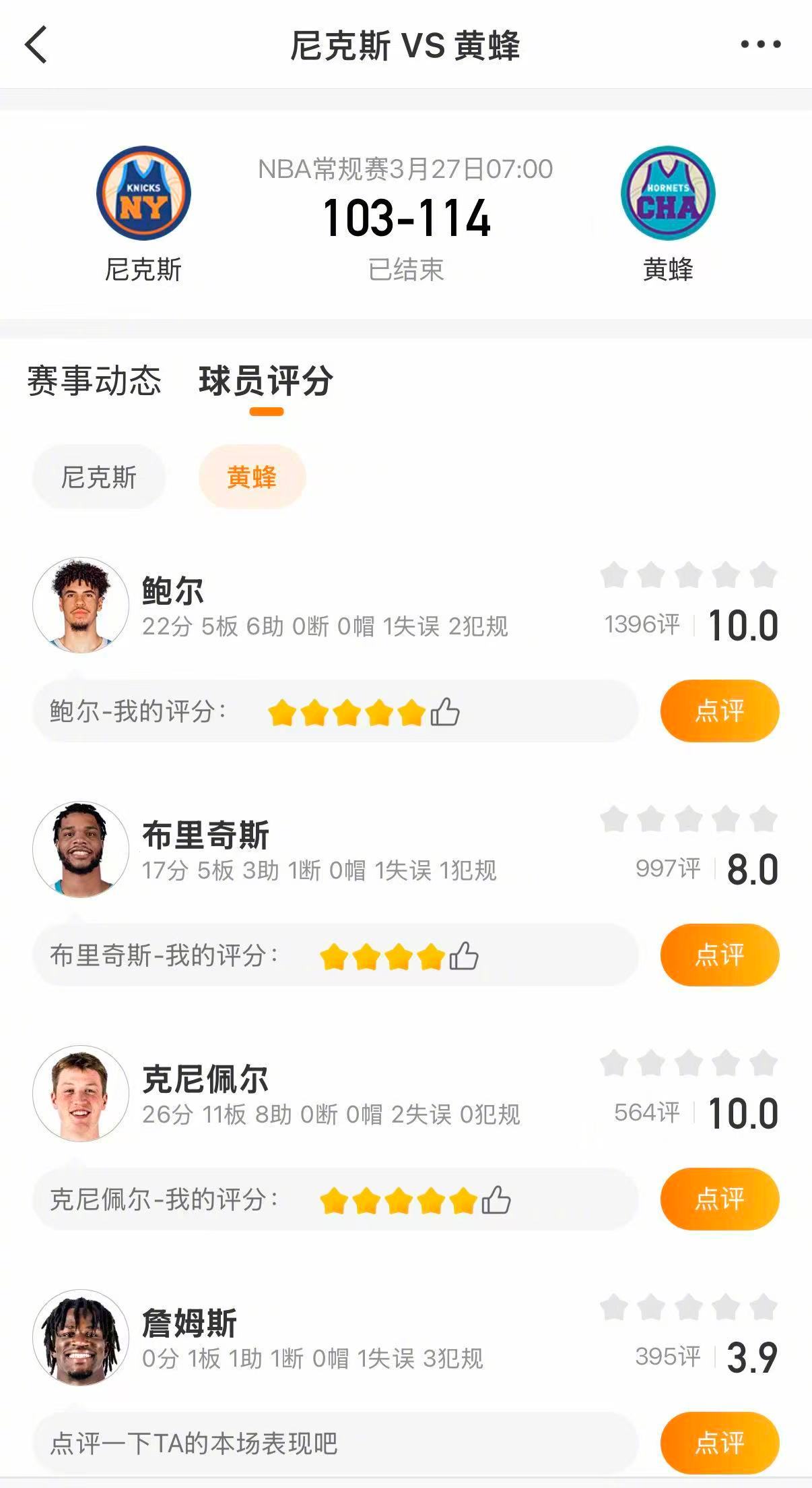 黄蜂战胜尼克斯克努佩尔26分准三双 黄蜂114-103战胜尼克斯。克努佩尔26分