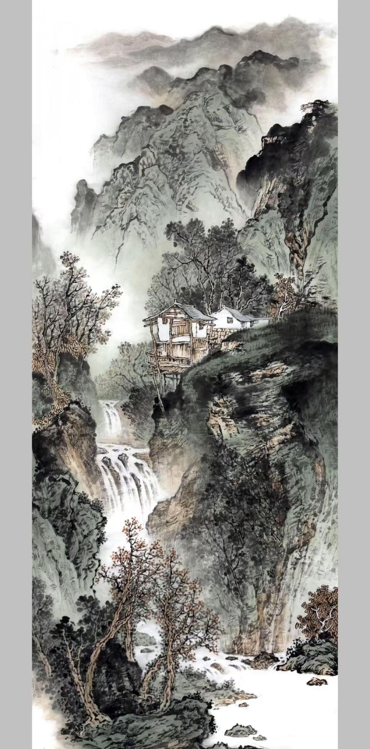 山居飞瀑图。国画山水青绿山水画 创作者中心 创作灵感 感受国画山水韵味 国风古韵
