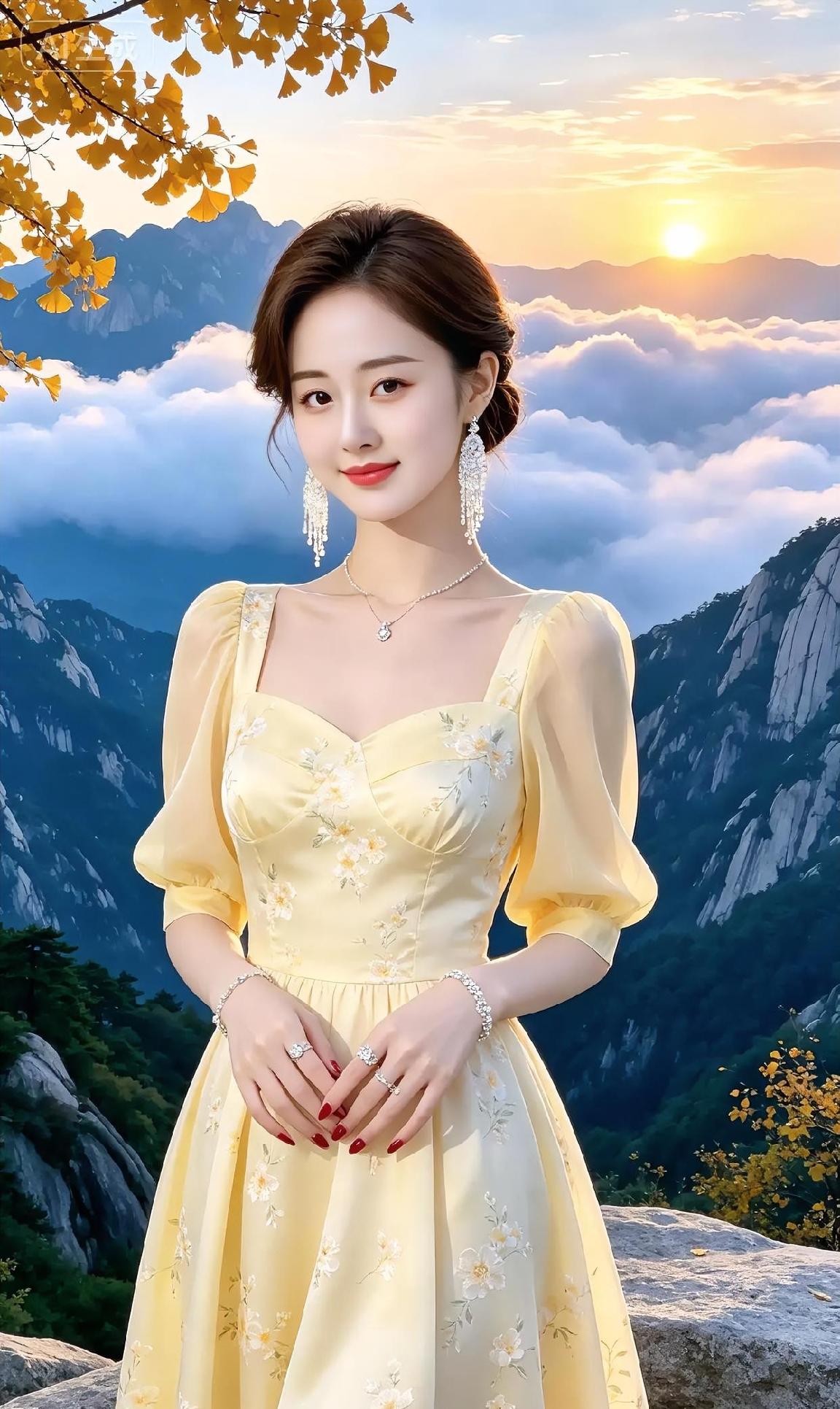 云海托出夕阳，温柔便有了形状。

淡黄裙裾，绣满秋光。

珠玉轻响，笑意明朗。