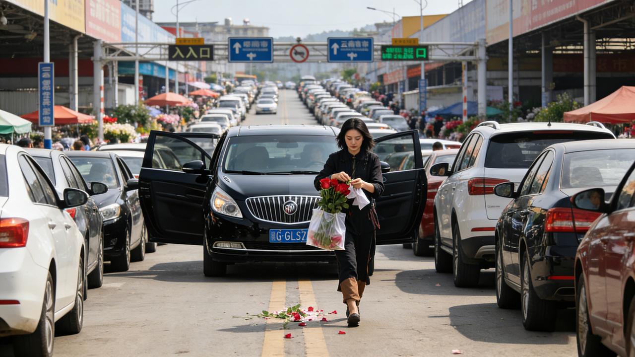真把马路当自己家了！云南斗南花市车流高峰期，一女司机开黑色别克GL8，横堵停车场
