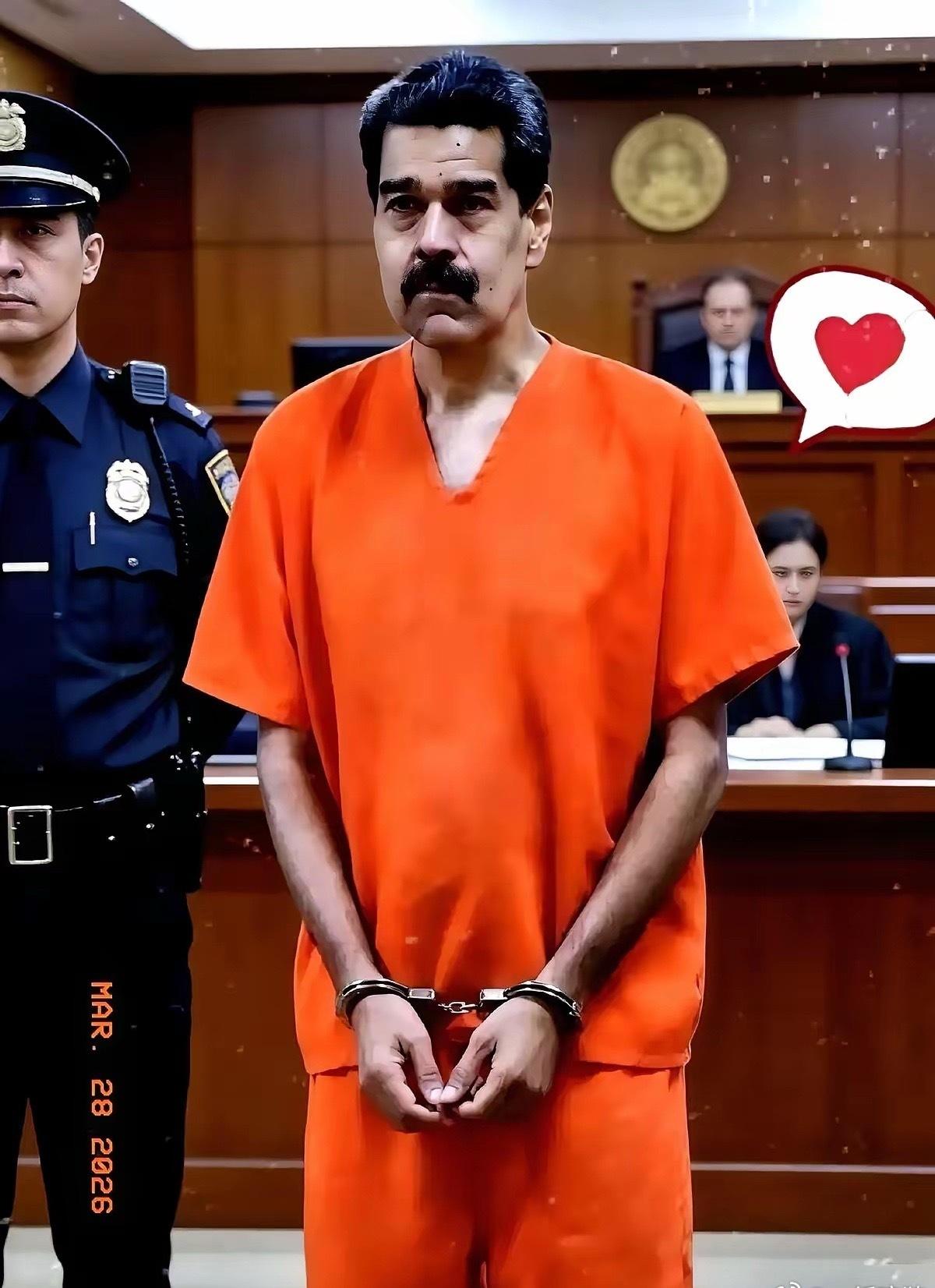 马杜罗的第二次庭审，镜头推上去，人瘦了整整13公斤。
他穿着囚服坐在纽约的法庭里