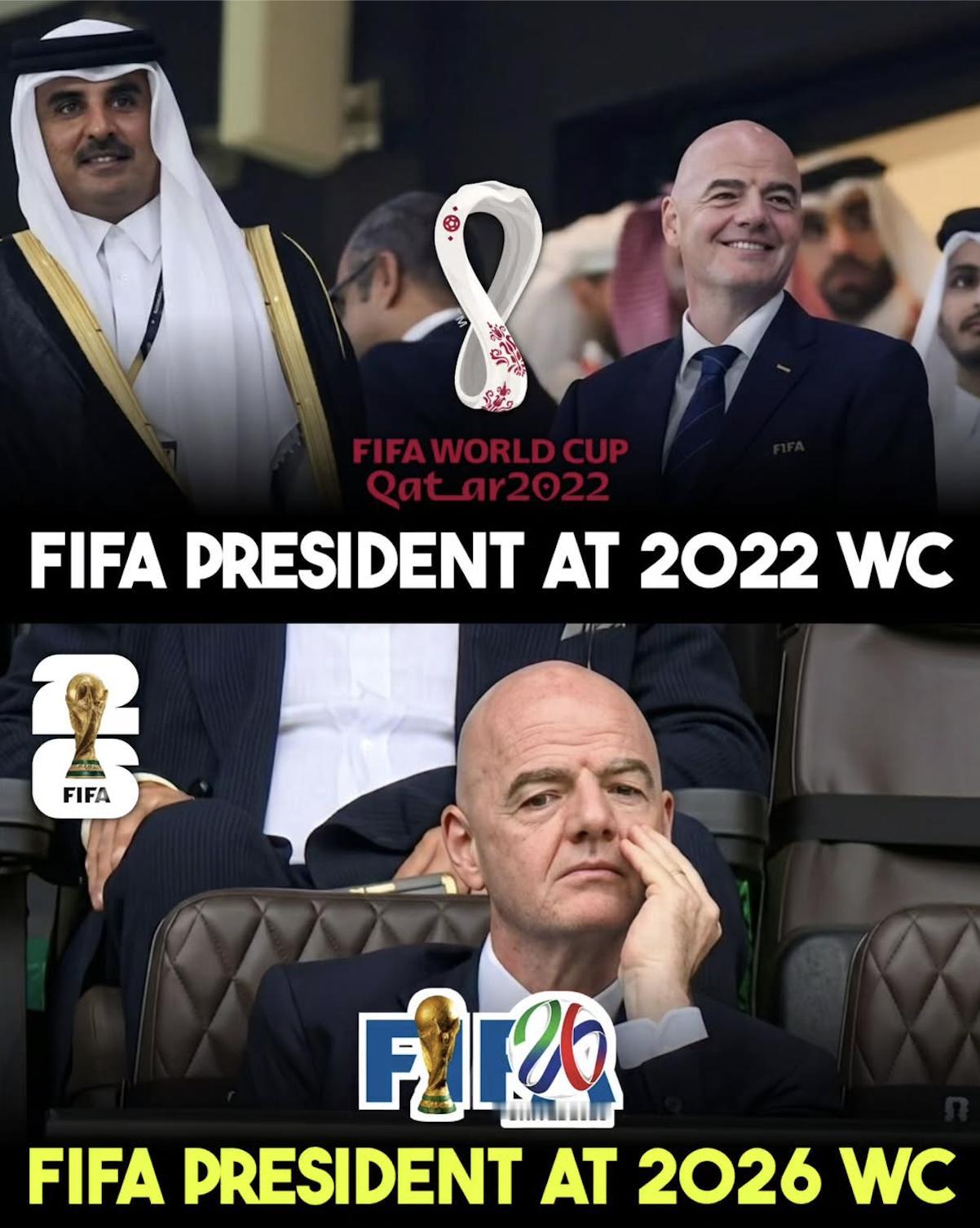 因凡蒂诺表情对比，世界杯扩军真的好吗？

从卡塔尔2022到2026，两届世界杯