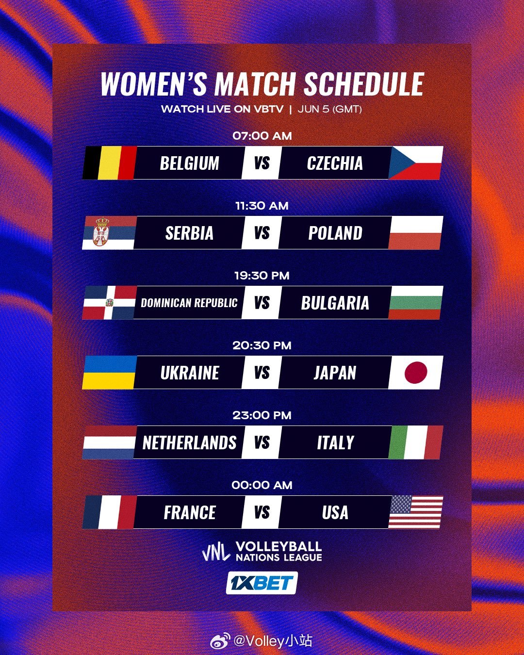2026年世界女排联赛 第一周第三比赛日赛程安排6月5日15:00 比利时vs捷