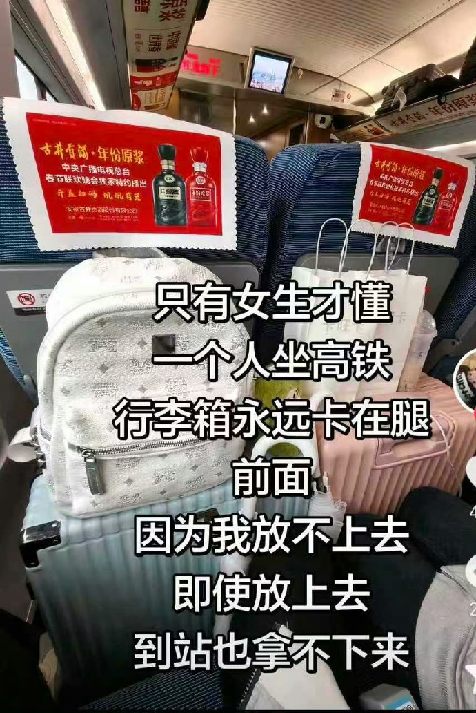 高铁上超过20寸的行李箱是放不到上面行李架的，老车型需要推到最后一排，有专门放行