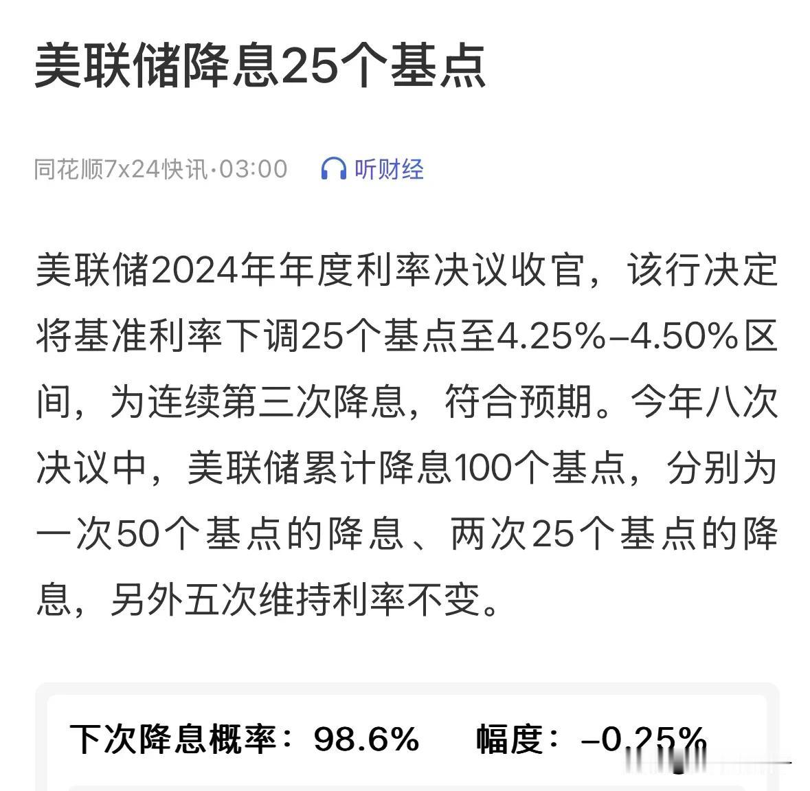 收官，美联储降息25个基点

美联储宣布降息25个基点，完全符合市场预期，但美股