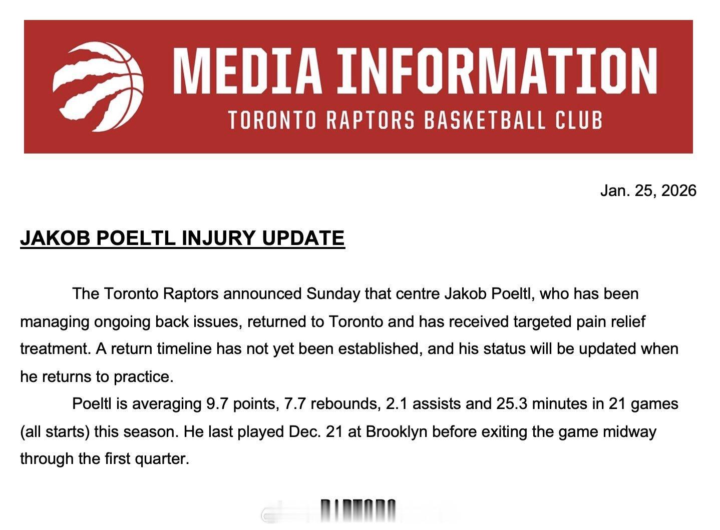【伤情报告】猛龙宣布，中锋博尔特尔已经回到多伦多以应对他的持续内伤，他将接受靶向