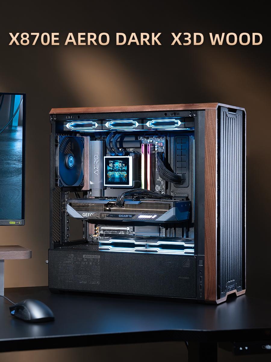 来啦~静谧型桌搭超有范儿，X870E AERO DARK X3D WOOD实装上