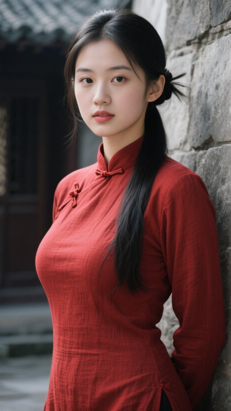 红衣少女倚墙而立，古风韵味十足