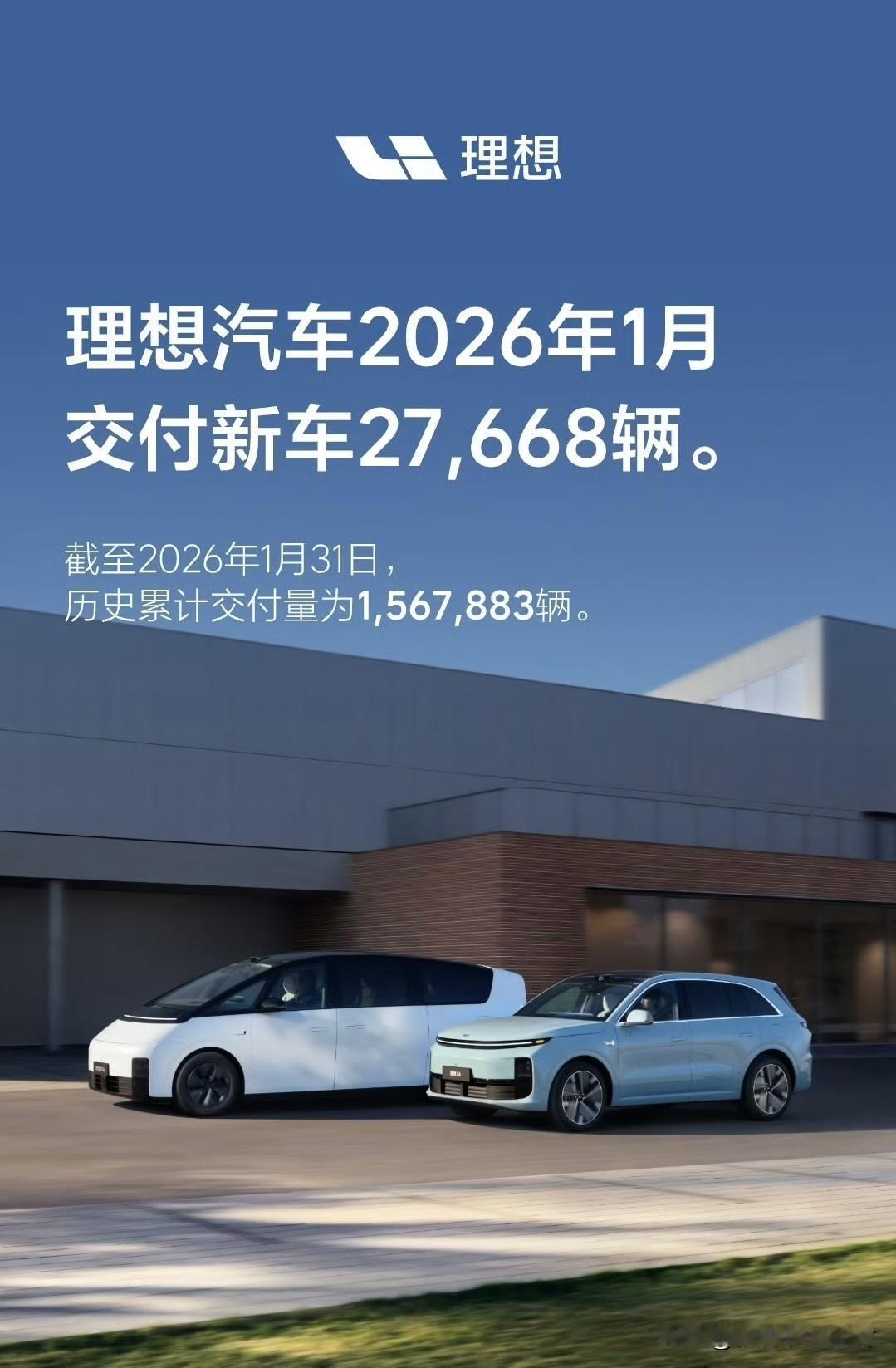 理想汽车战报也来了。
2026年1月交付27668辆。
历史累计交付156788