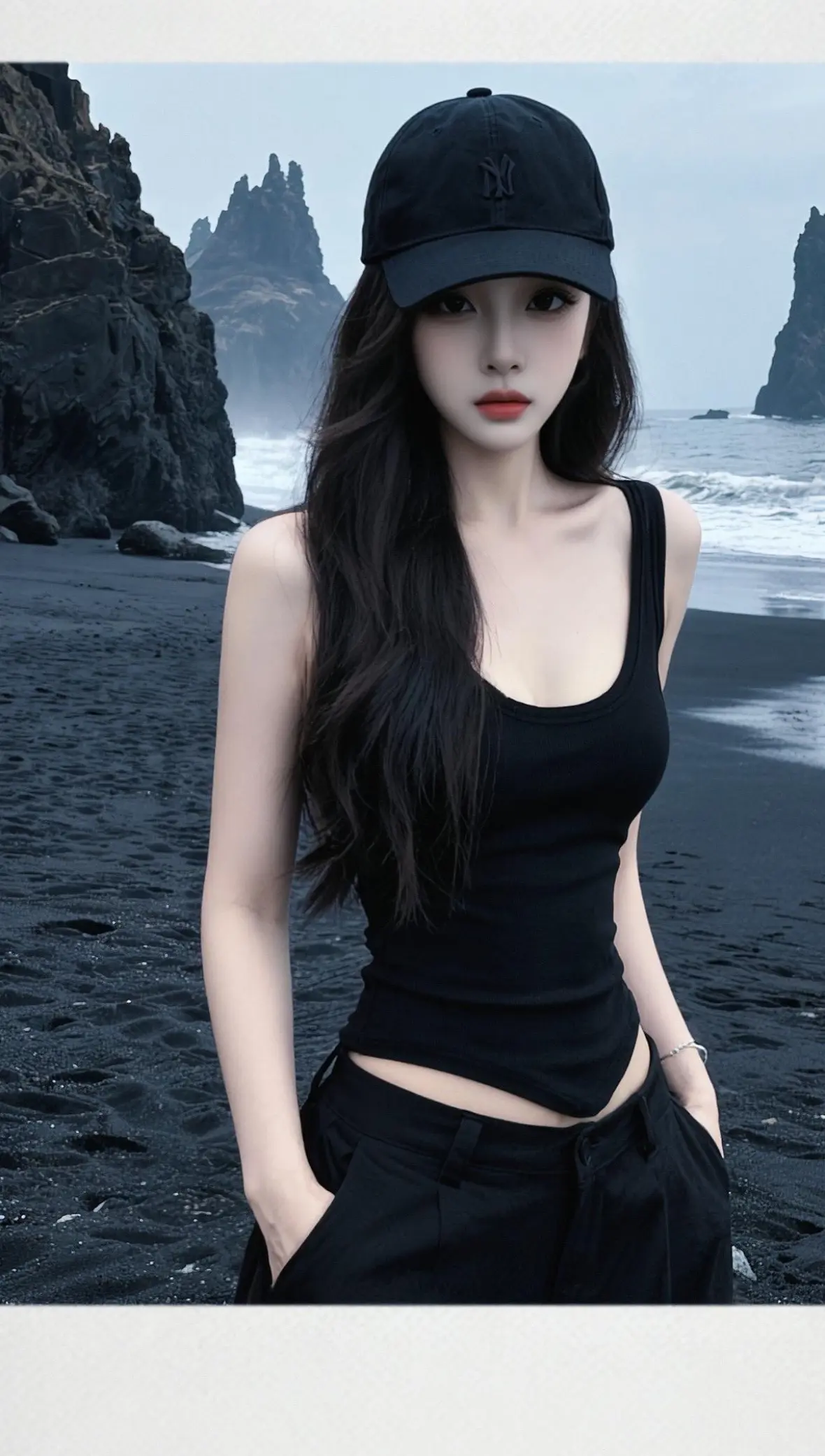高级感人像 海边纯欲穿搭 海边黑色吊带裙 高级感身材线条 美女背心穿搭