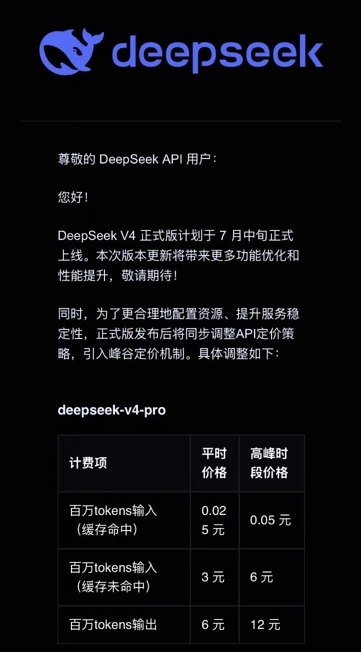 Deepseek V4 引入峰谷定价机制，高峰翻倍